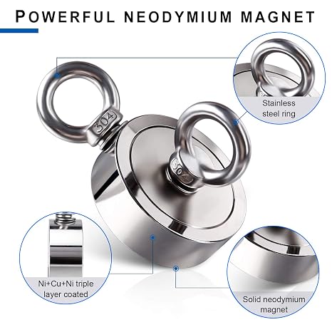 DIYMAG Strong Double Side Neodymium Fishing Magnets,1300 lbs(590KG) Pulling Force Rare Earth Magnet with 20m (65 Foot) Durable Rope and Protective Gloves,for Retrieving in River and Fishing