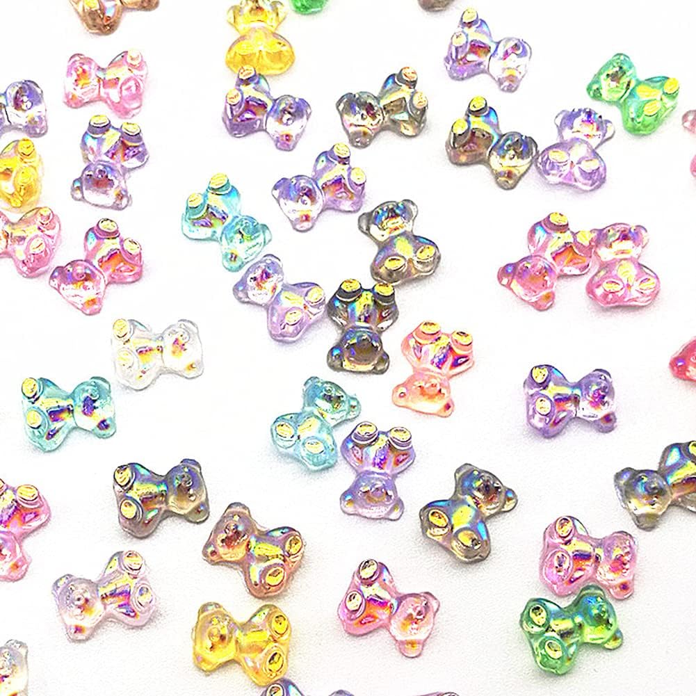 50 Pcs 3D Mix Color Cute Bear Resin Nail Art Decorations Aurora Glitter Nail Charm Ornaments for Nail Art Design Manicure Accessories (Bear)