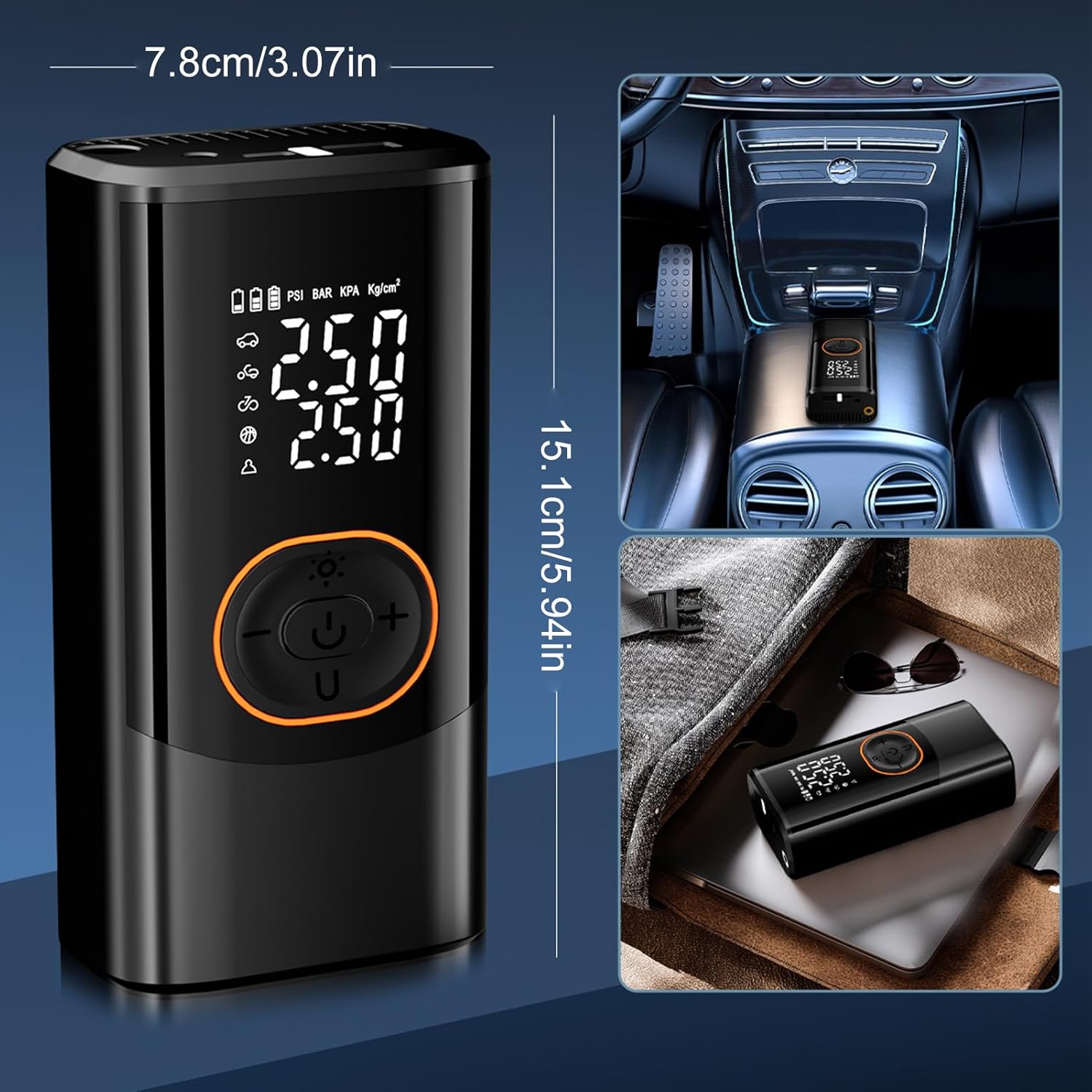 小型エアポンプ - バイク用自動調整機能付きインフレーター,ワイヤレス 4モード 3照明 ボール バイク 自動車 自転車用