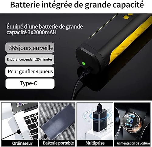 Miniatura 4 de Compresor de aire portátil, inflador de neumáticos de 150 PSI, batería recargable de iones de litio de 2000 mAh, bomba de aire para bicicleta,