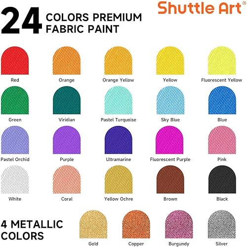 Miniatura 24 de Shuttle Art - Pintura para tela metálica, 18 colores metálicos, pintura suave permanente en botellas (2.3 fl oz/2 onzas) con pincel y plantillas