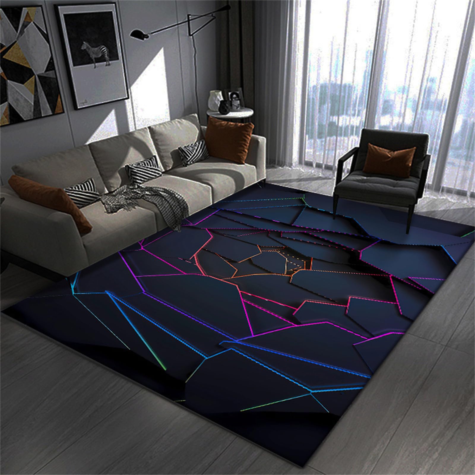 Tapis Gaming Style Lumière Linéaire 3D – Un Indispensable pour Les Chambres D’Ados, Les Salles De Espaces E-Sport, Tapis Zone Néon Moderne pour Chambres Et Gaming (Vision 5,140x200cm)