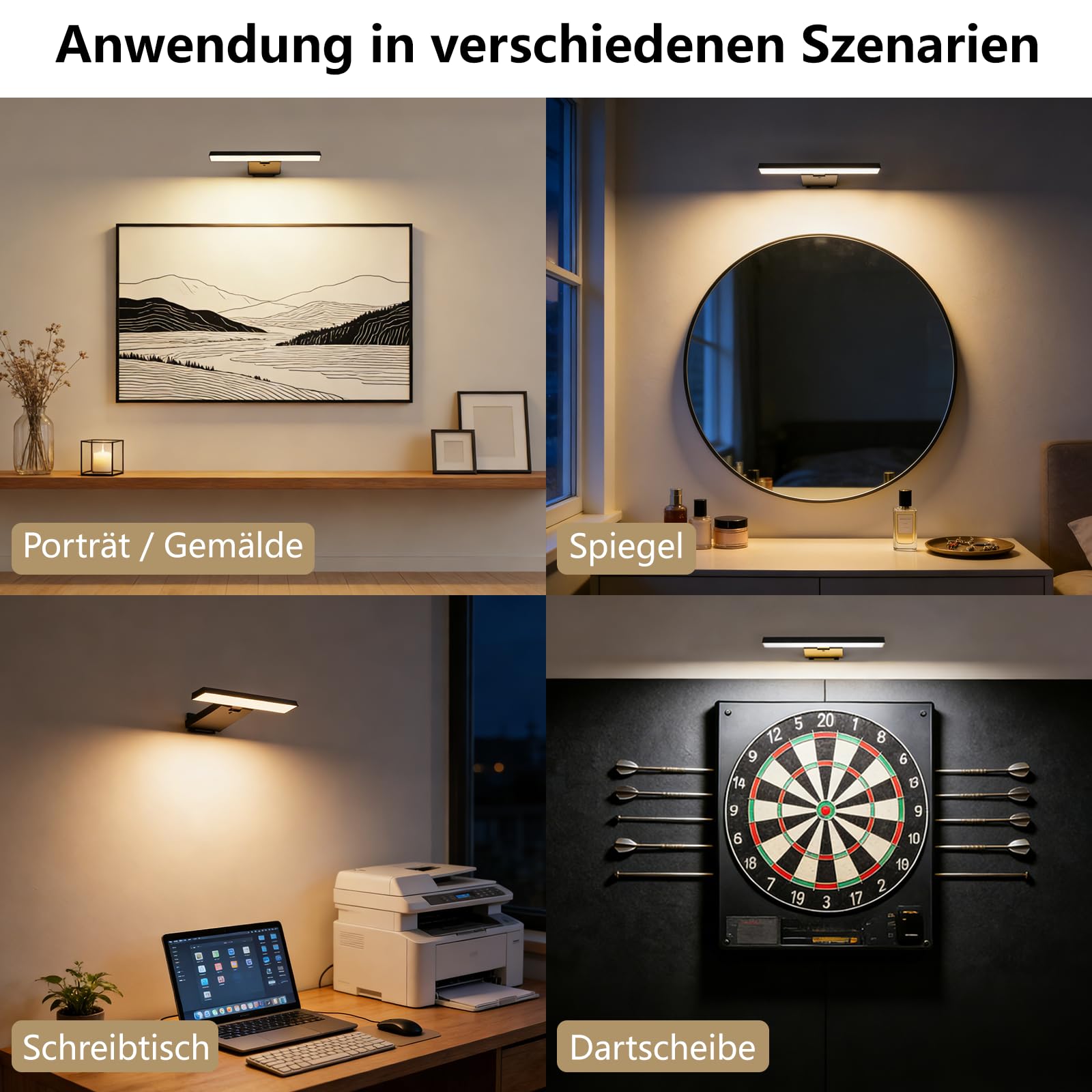 Feallive Bildbeleuchtung Kabellos, Dart Licht 1 Stück mit Fernbedienung 6000mah Akku Wandleuchte Innen 3 Farbtemperaturen Dimmbar Bilderleuchte mit Timer für Foto Bild Schwarz