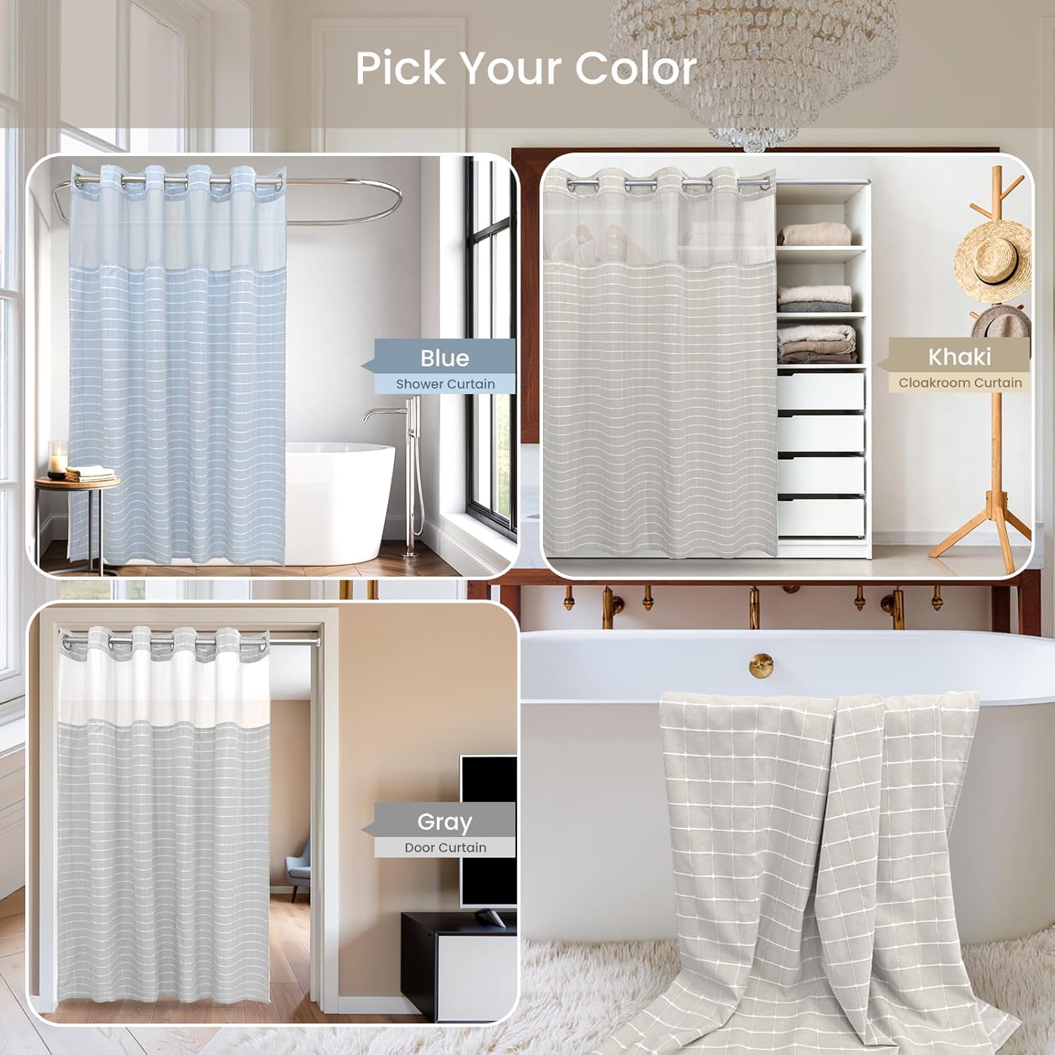 Calm Horizon Series No Hook Shower Curtain, Jacquard with Snap-In Liner, 4 Magnets & Side Suction Cups, Water-Repellent Bath Curtain Spa Hotel with Window (Khaki, 72"W x 86"L(Pack of 1))