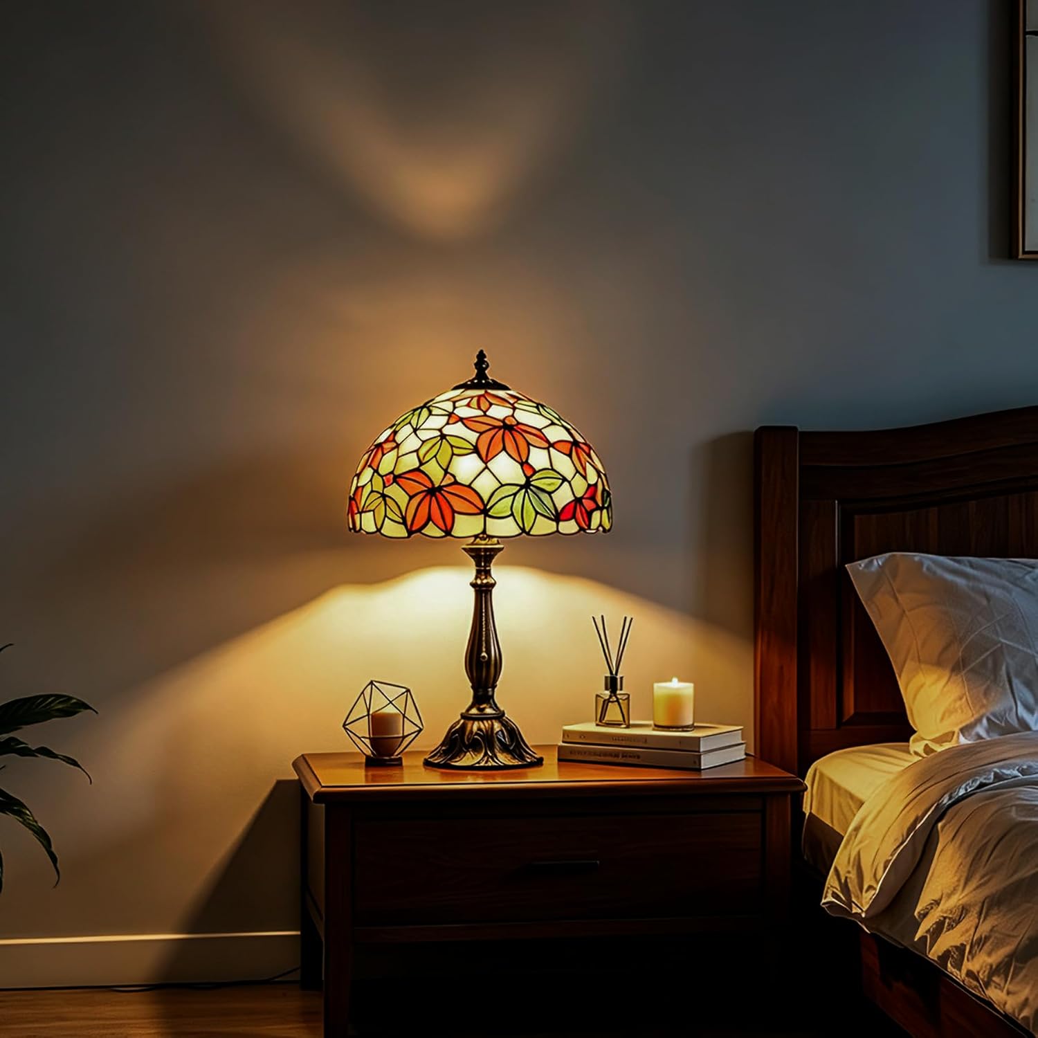 Tiffany Style Stained Glass Table Lamp, Maple Leaf Desk Light with Antique Bronze Resin Base, Multicolor Reading Lighting for Bedroom, Living Room, Office 12”X12“X19 (Maple-White)