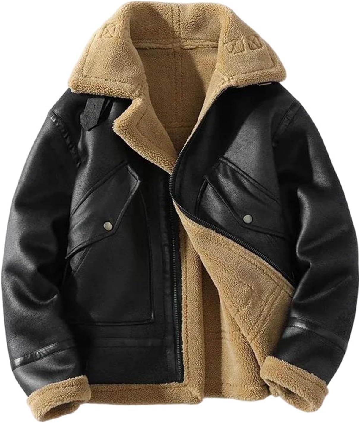 Men's Suede Leather Jacket Thick Warm Patchwork Coat With Faux Lamb Lining Plus Size Winter Outdoor Casual Outwear