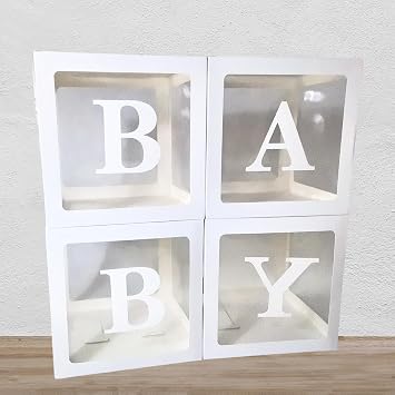 Baby Boxes with 4 Letters for Baby Shower 4pcs White Clear Balloon Box BABY Blocks Gender Reveal Decorations and Birthday Party