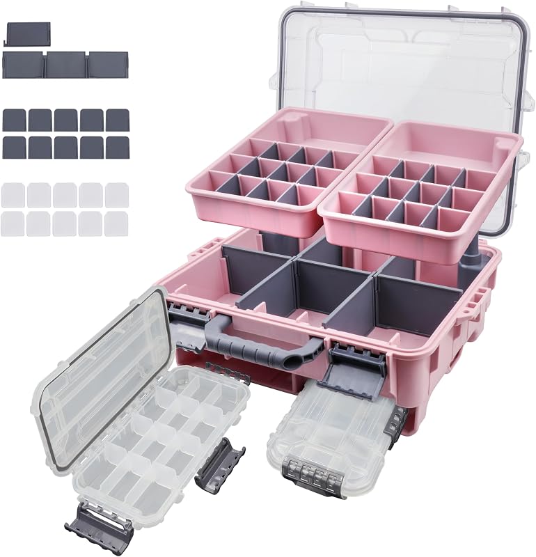 RUNCL Caja universal para aparejos de pesca con dos bandejas pequeñas para aparejos, diseño interior extraíble, caja de almacenamiento impermeable para maletero, polizón hermético flotante más grueso, regalos de pesca sorpresa de Navidad para hombres y mujeres