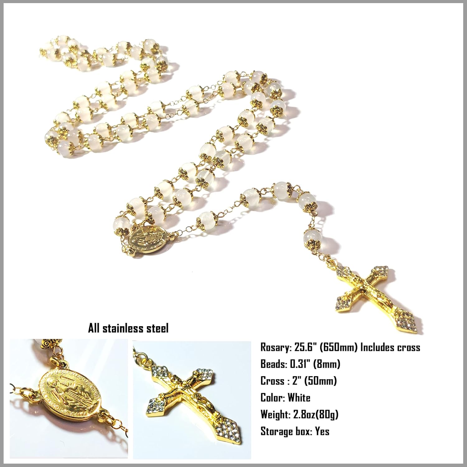 Rosary Beads Chaplet Natural Jade Rosery Cross Catholic gifts - Image 4