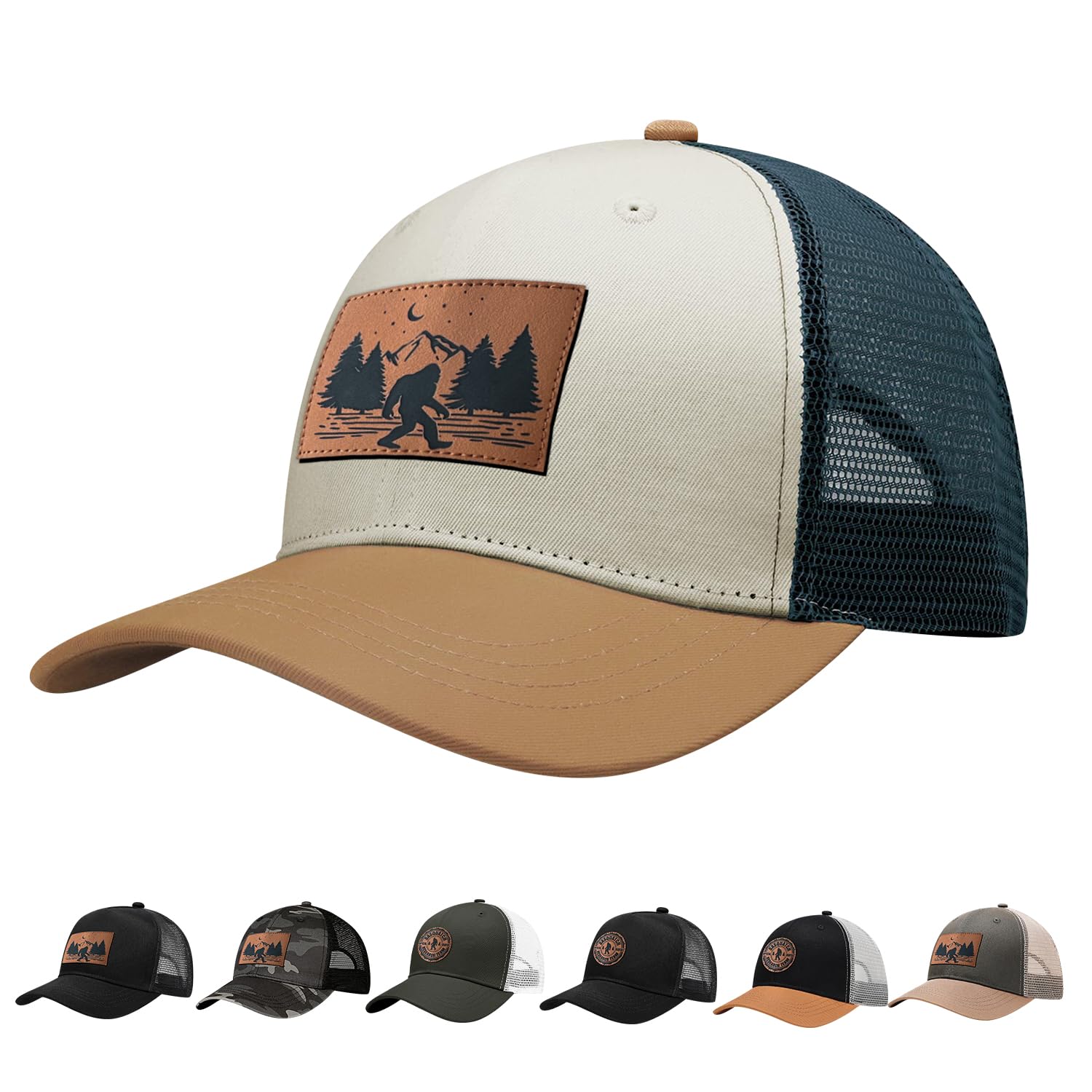LLZTWOWD Bigfoot Hat with Leather Sasquatch Baseball Cap for Men Boy Gifts for Dad Hats Sports Trucker Caps, Orange Blue, One size
