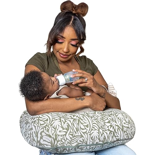 Boppy Nursing Pillow - Ergonomic Bottle & Breastfeeding Pillow, Higher, Firmer & Larger, Water-Repellent with Washable Organic Cotton Cover, Baby Safety Alliance Verified - Green Cut Out Leaves