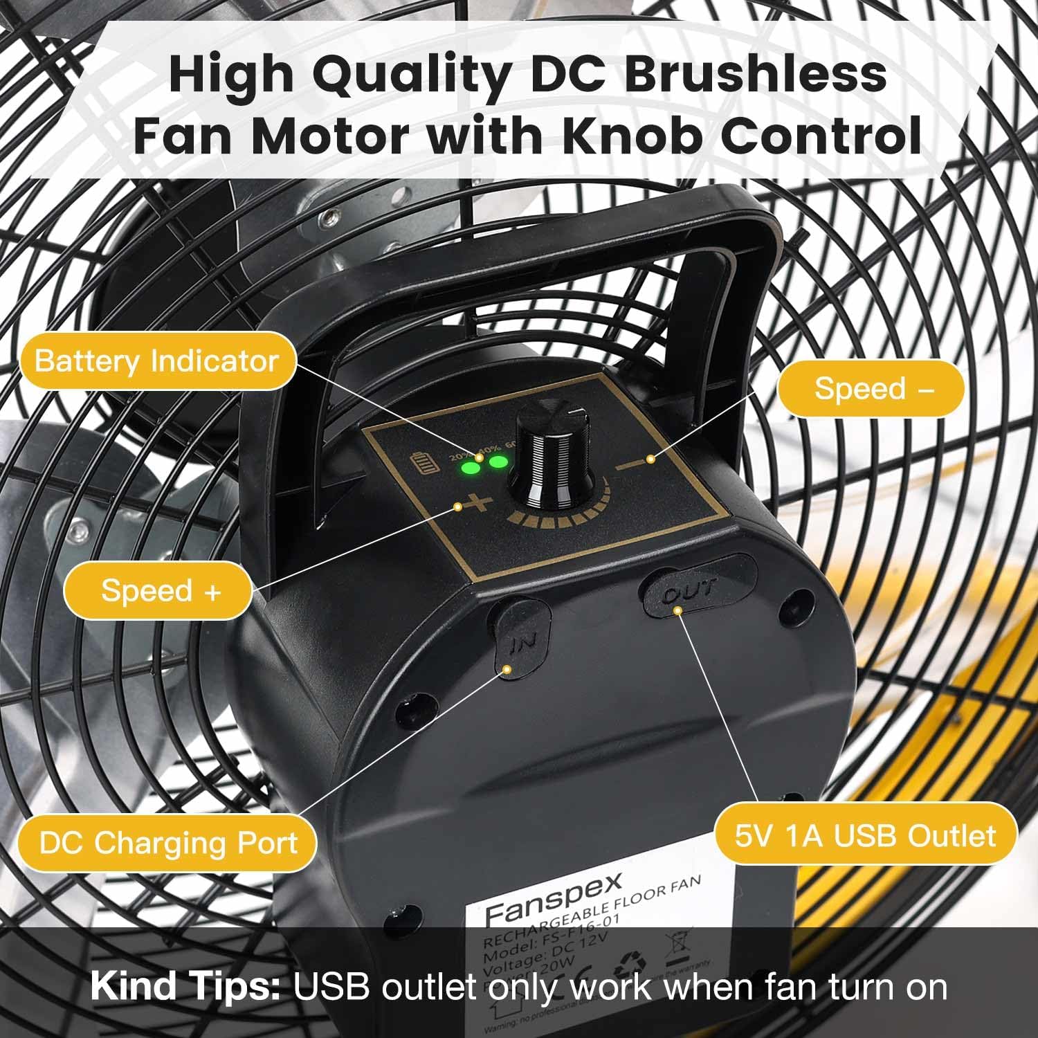 16" High-Velocity Portable Battery Operated Floor Fan for Home Camping Gym Garage Gazebo Greenhouse, 360° Adjustable Tilt with Max 60 Hours Working Time