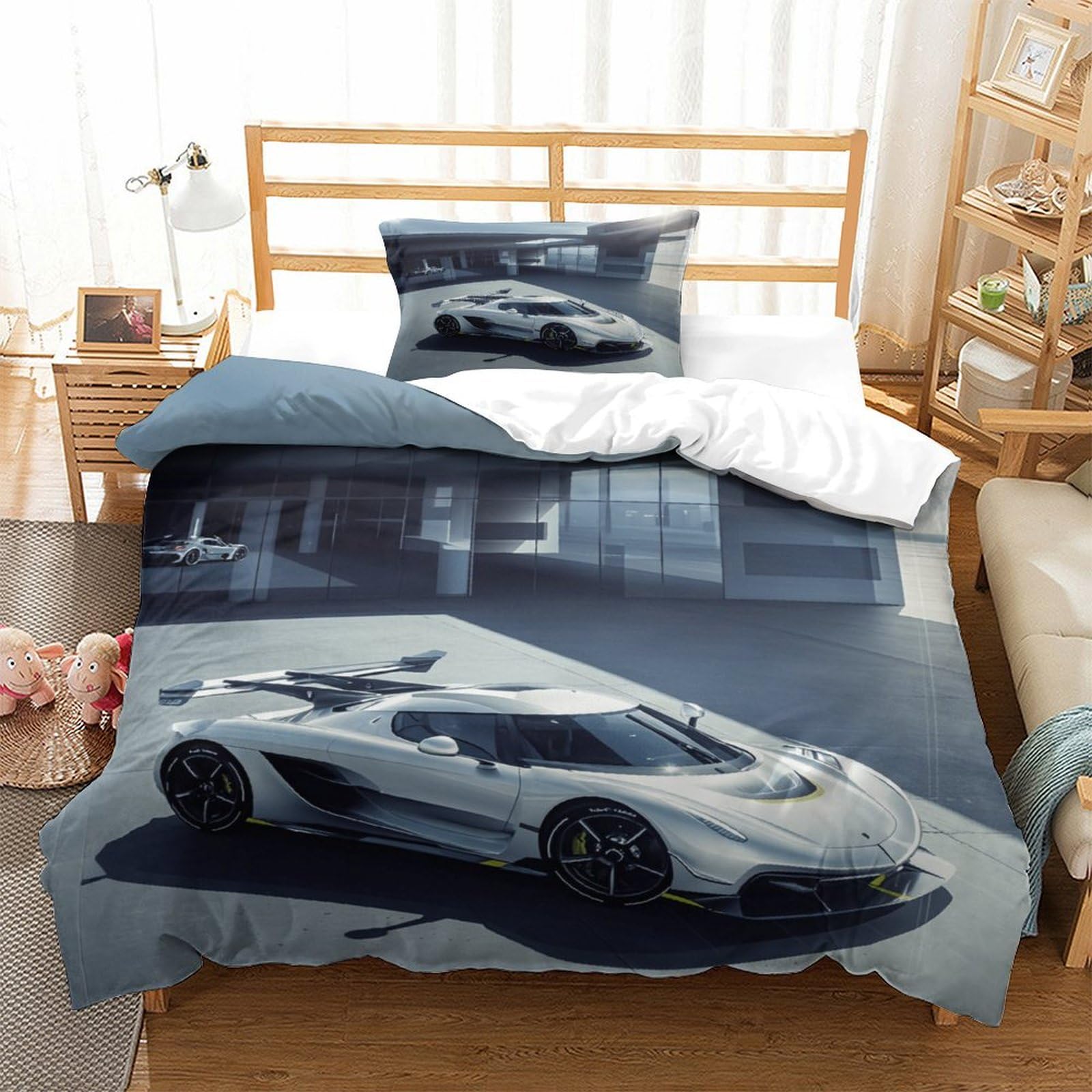 XiaopangXY Supercar Breathable Quilt Cover Set Hidden Zipper Luxury Car Duvet Cover Set with Pillowcases Bedding Set Soft Microfiber Nice-looking Comforter Cover for Single（135x200cm）