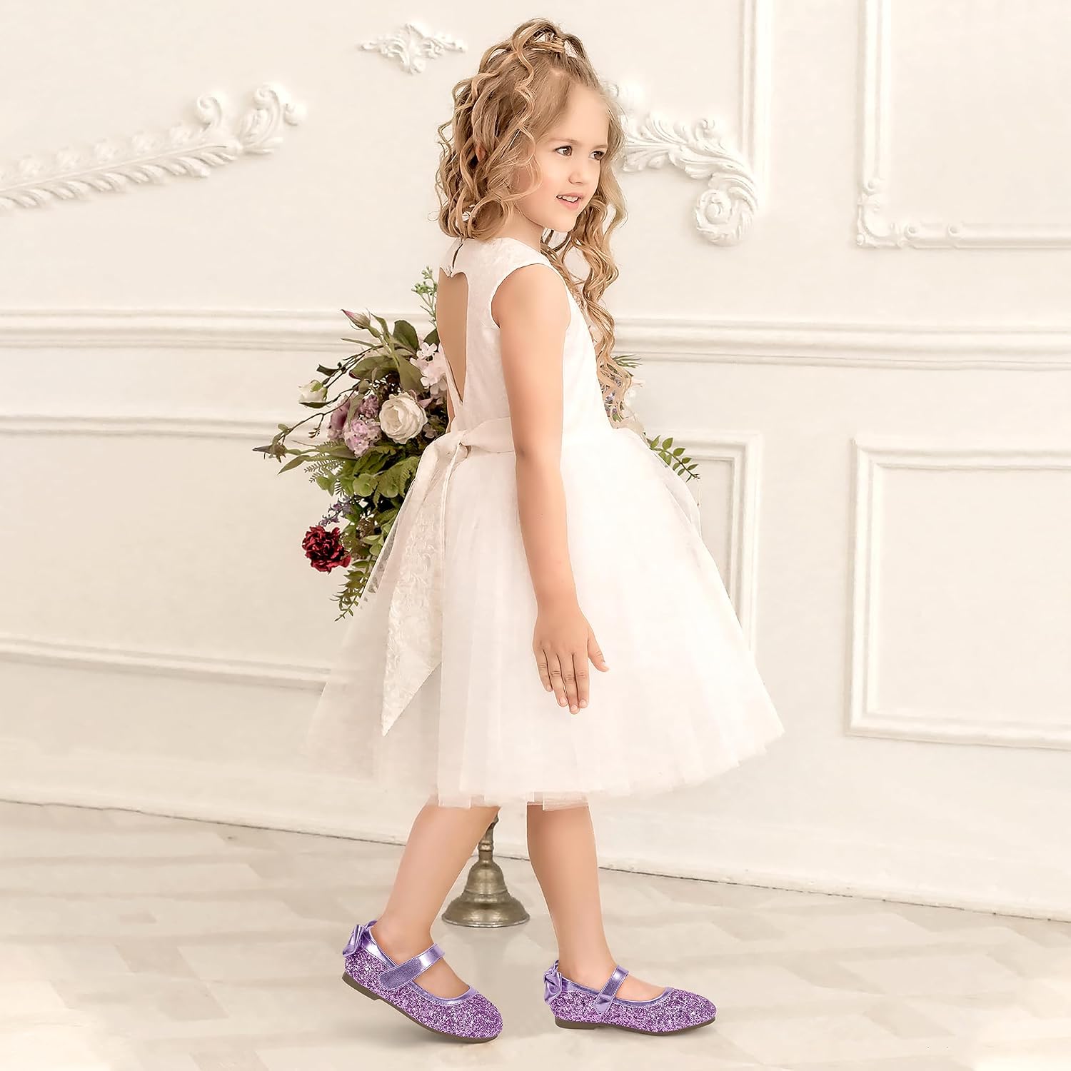 PANDANINJIA Toddler/Little Kid Girl's Angela Dress Mary Jane Ballet Flats Bow Flower Girl Wedding Party Ballerina Flat Shoes