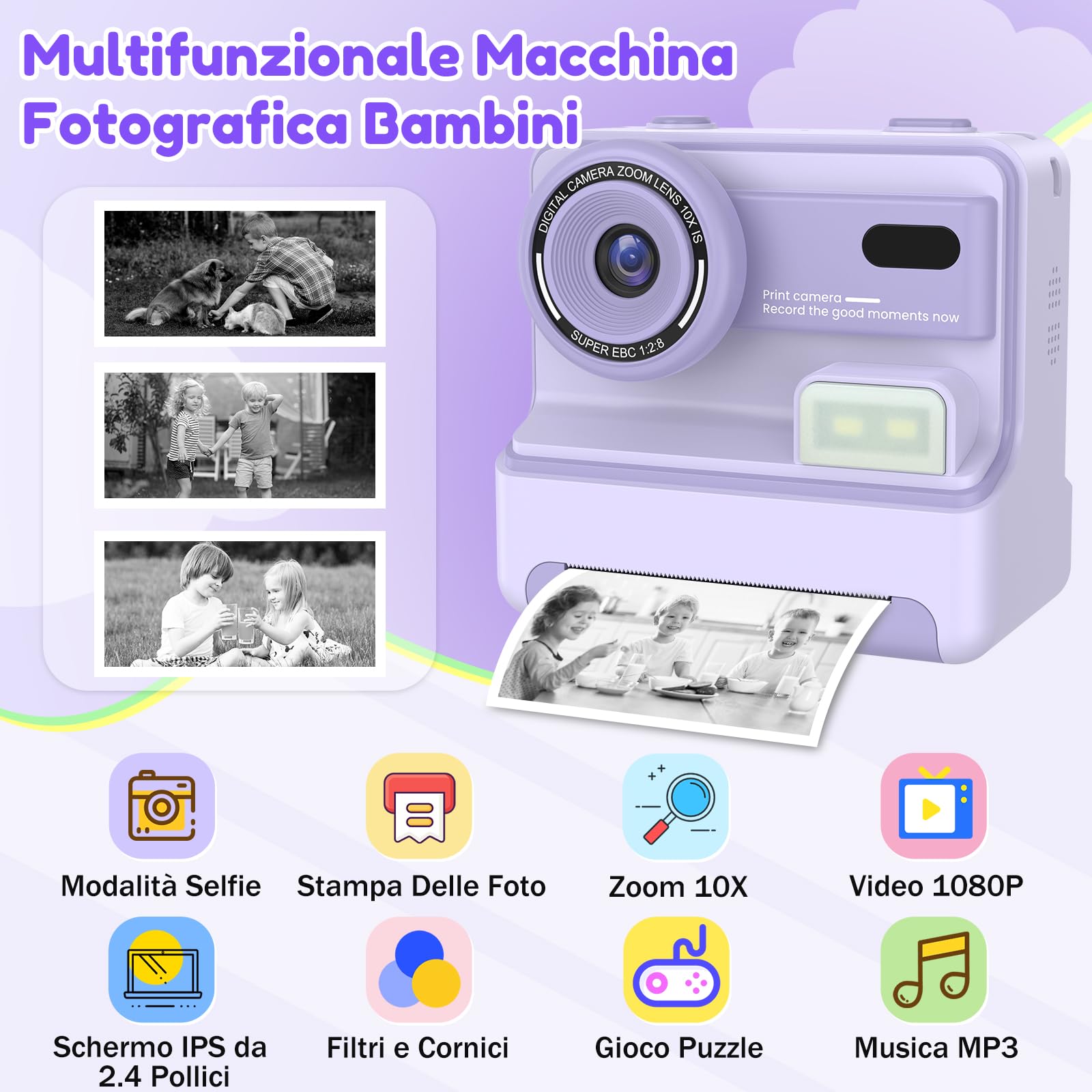 Macchina Fotografica Bambini Istantanea, 48M/1080P Fotocamera Bambini Selfie, 2.4 Pollici Macchina Fotografica Banbini con Carta da Stampa e 32GB Scheda,Regali per Ragazze Ragazzi 3-12 Anni (Viola)
