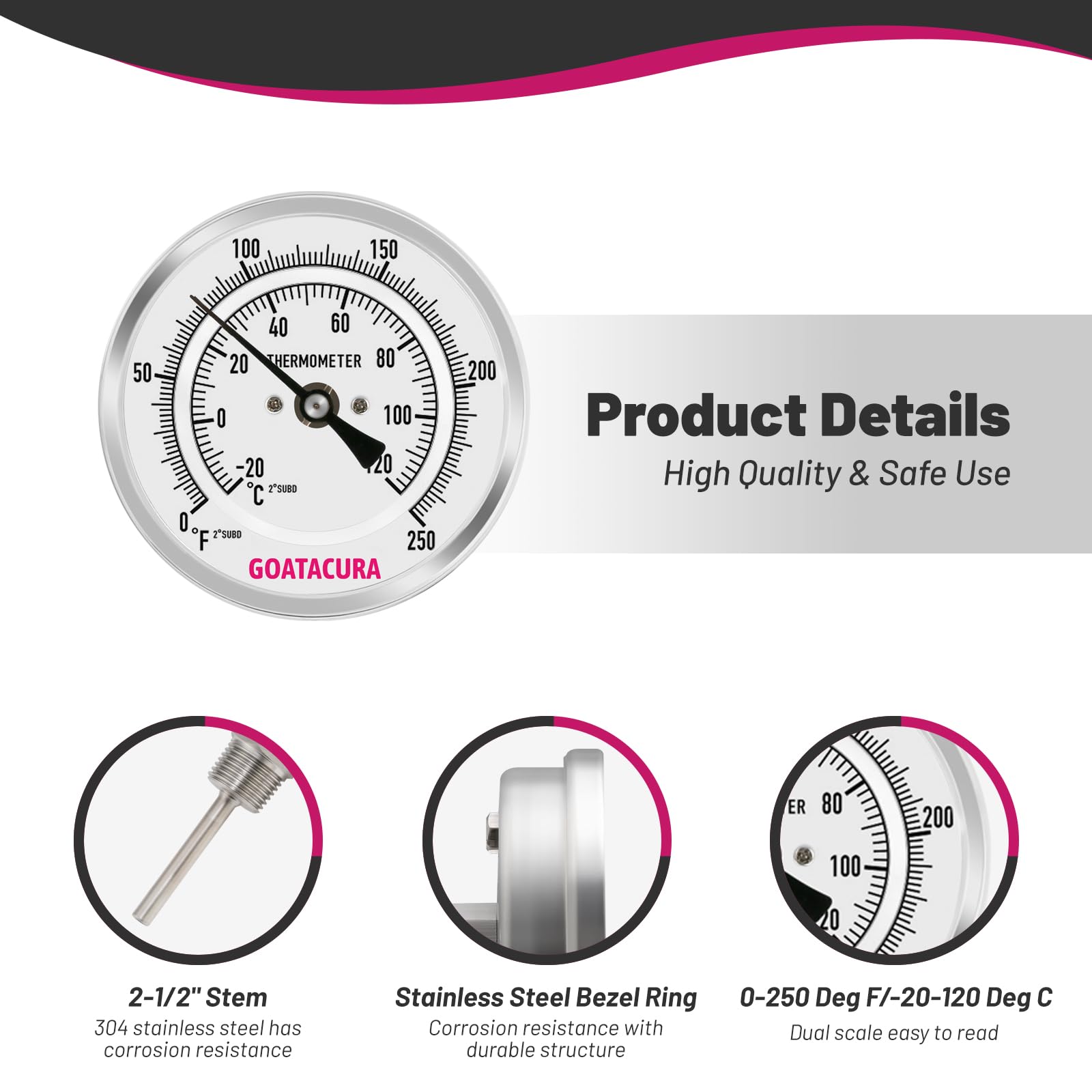 Bimetal Thermometer, Full Stainless Steel, 3" Dial Size, 2-1/2" Stem, 1/2" NPT Back Mount, 0-250 Deg F/-20-120 Deg C, 1% Accuracy — Amazon image 4