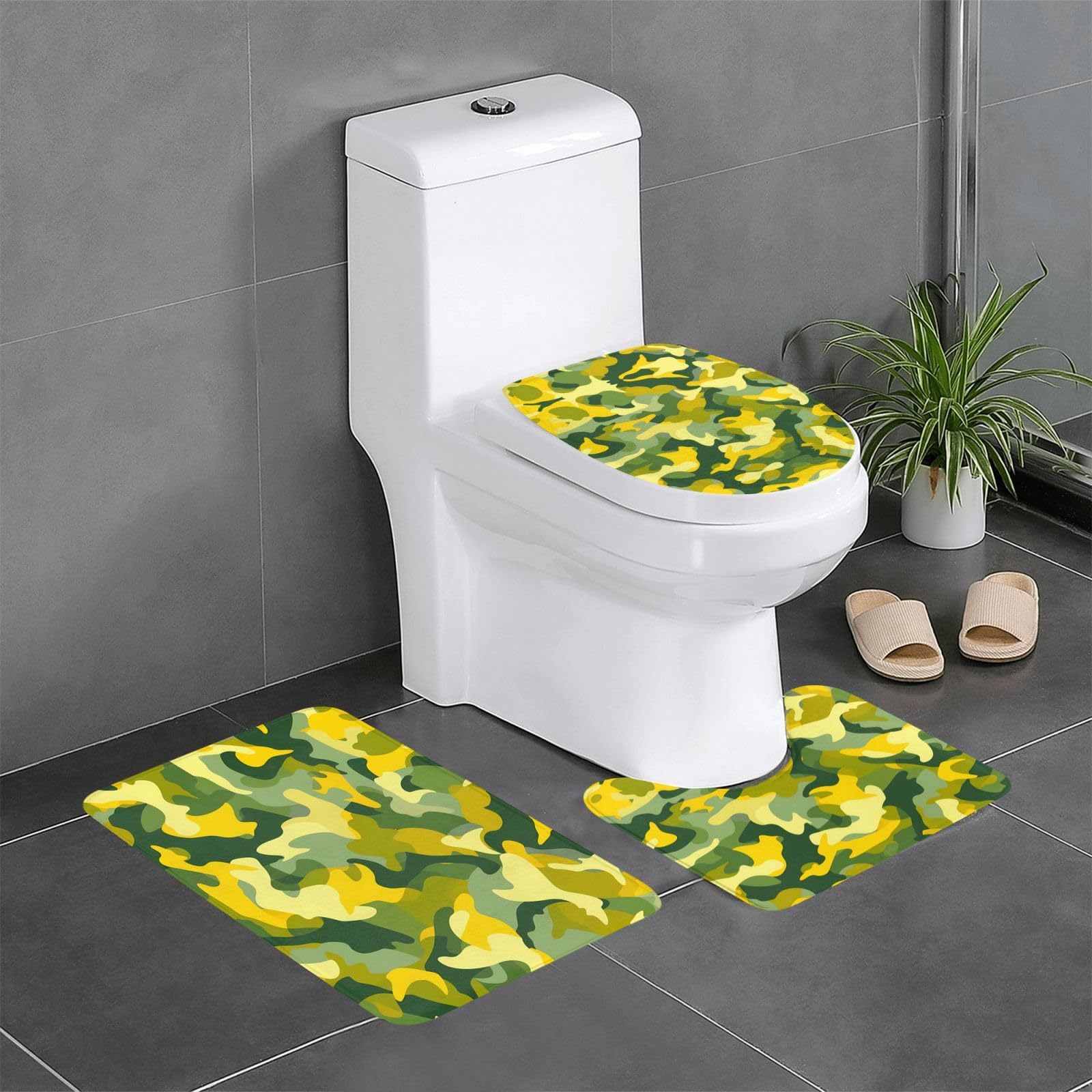 Tapis de salle de bain camouflage jaune et vert pour dynamiser la décoration de vos toilettes