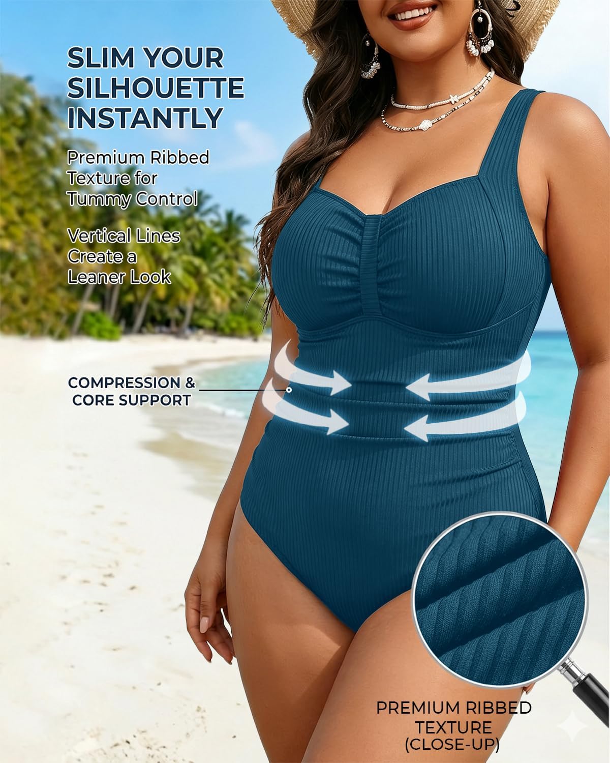 Aqua Eve Plus Size One Piece Swimsuit for Women Tummy Control Bathing Suit Ribbed Swimwear
