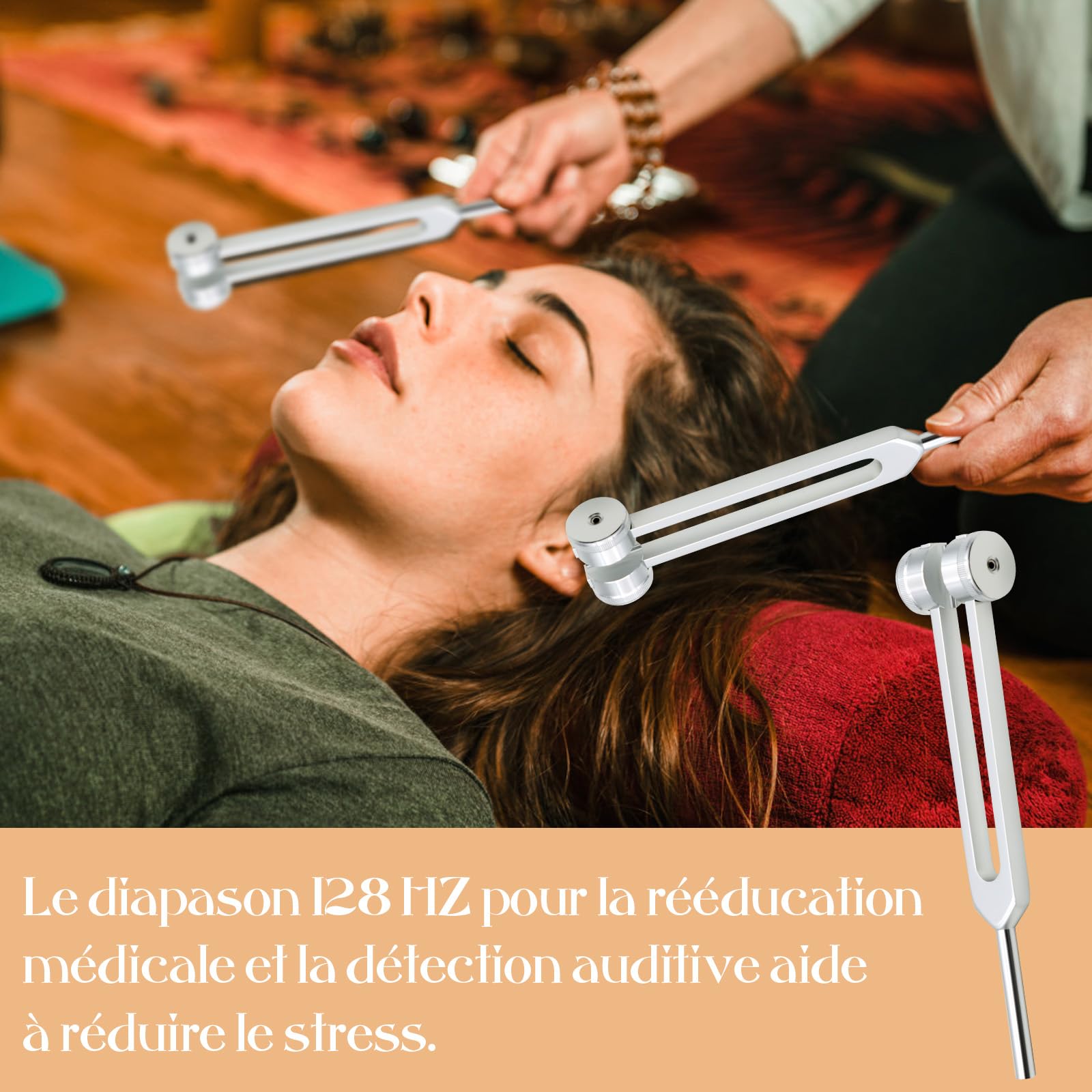 VEGCOO Diapasón Terapéutico, Diapasón 128Hz Aluminio, Cuidado por Vibración Diapasón, Diapasón Ofrece respuesta frecuencia, martillo de silicona, herramienta de reparación, paño de limpieza, bolsa de