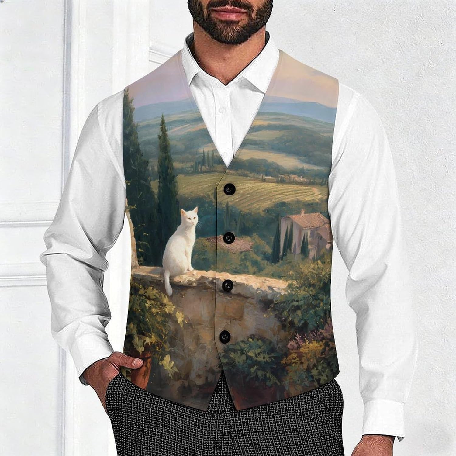 Cat Balcony Vineyard Hills Men's Formal Suit Vest Slim Waistcoat for Business Tuxedo Dress