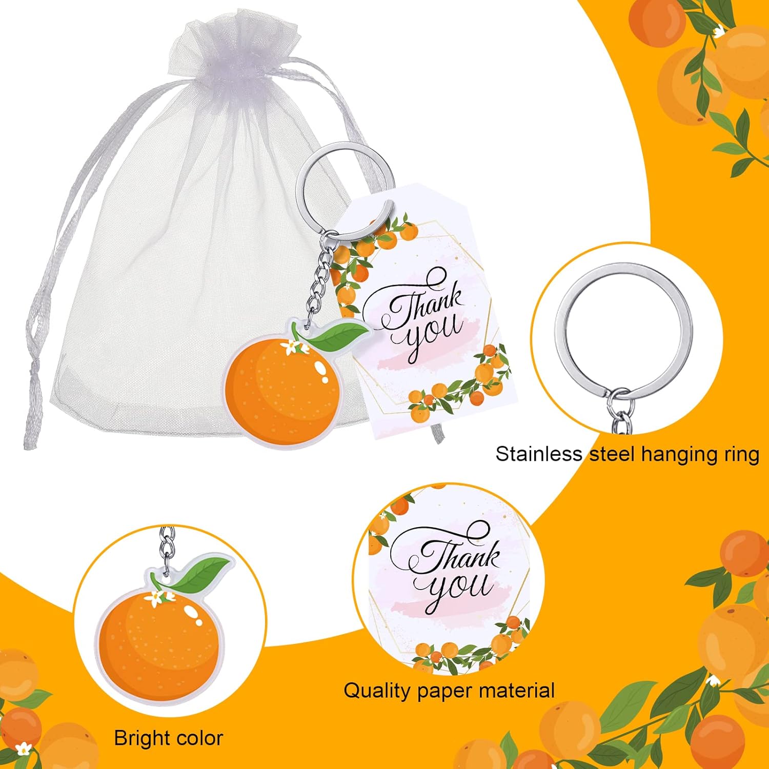 Little Cutie Baby Shower Party Favors Includes Orange Keychains White Organza Bags Thank You Tags Fruit Theme Party Favors School Rewards for Birthday Bridal Wedding Party Return Gifts (48 Sets)