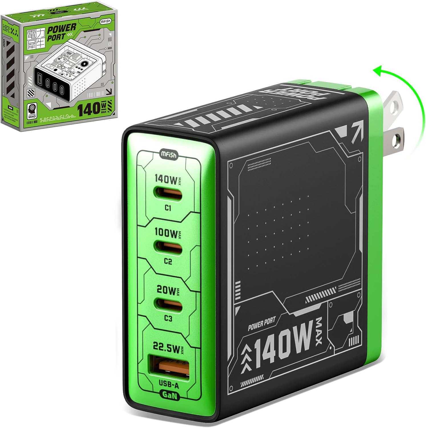 Mfish E-Rhino 140W USB-C Charger, True PD 3.1 GaN Fast Charger, 4-Port (3 USB-C + 1 USB-A) Foldable Plug Power Adapter for MacBook Pro 16”, iPhone 17/16, iPad, Galaxy, Tablet, Laptop Black