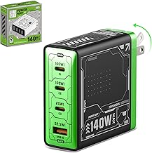 Mfish E-Rhino 140W USB-C Charger, True PD 3.1 GaN Fast Charger, 4-Port (3 USB-C + 1 USB-A) Foldable Plug Power Adapter for MacBook Pro 16”, iPhone 17/16, iPad, Galaxy, Tablet, Laptop Black