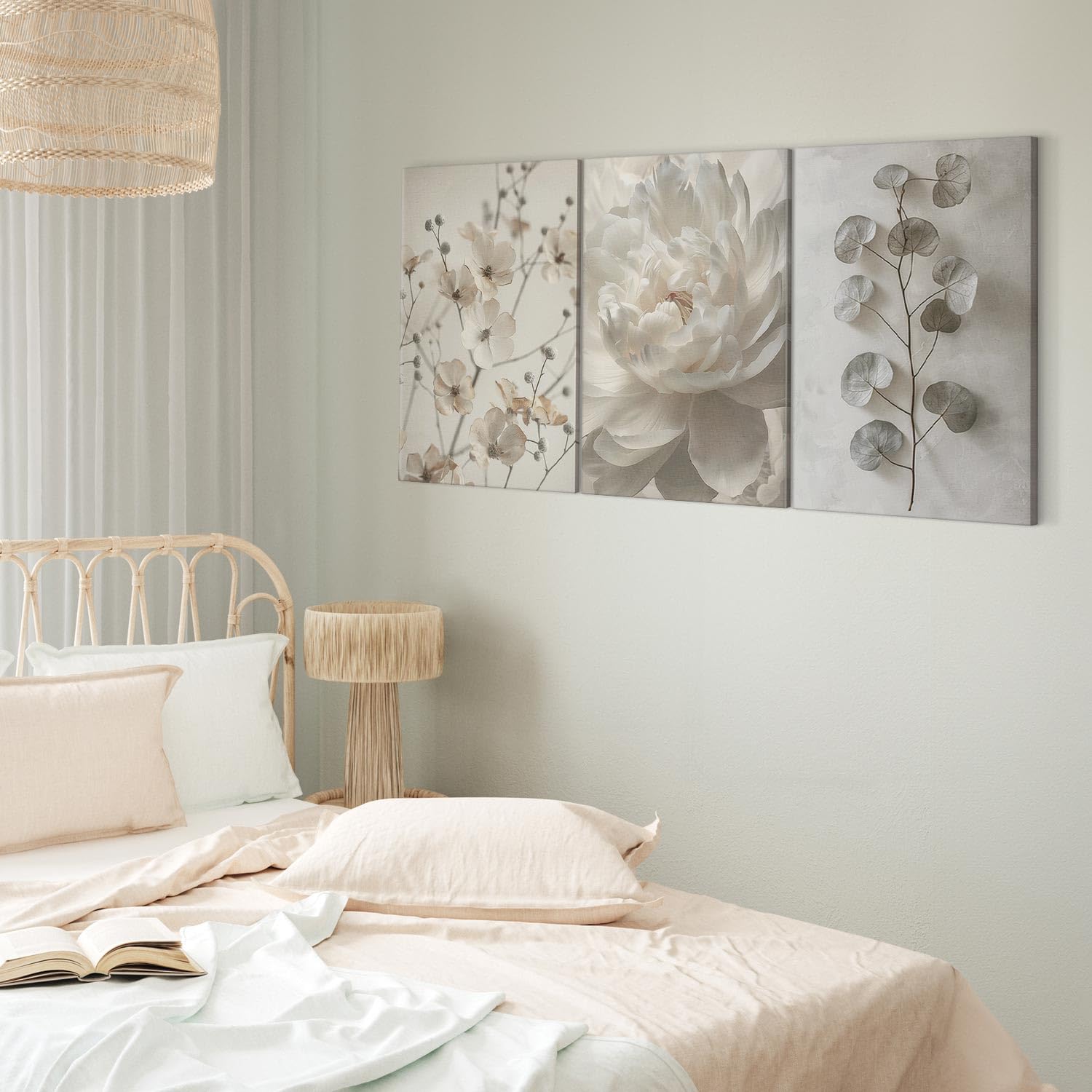 murando - Set De 3 Cuadros Collage Peonía blanca 120x60 cm 3 Piezas | 40x60 cm Cada - Conjunto De 3 - Cuadro Para Pared Bodegón Pintura Lienzo Habitacion Matrimonio