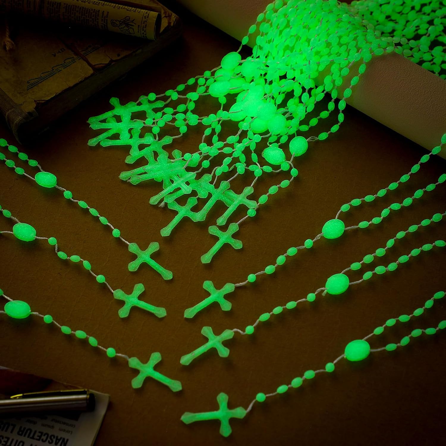 Beeveer 50 Pcs Glow in the Dark Rosary Beads Catholic Luminous Cross Rosary Necklaces Religious Plastic Crucifix Chains Pearlized Catholic Prayer Bead - Image 5