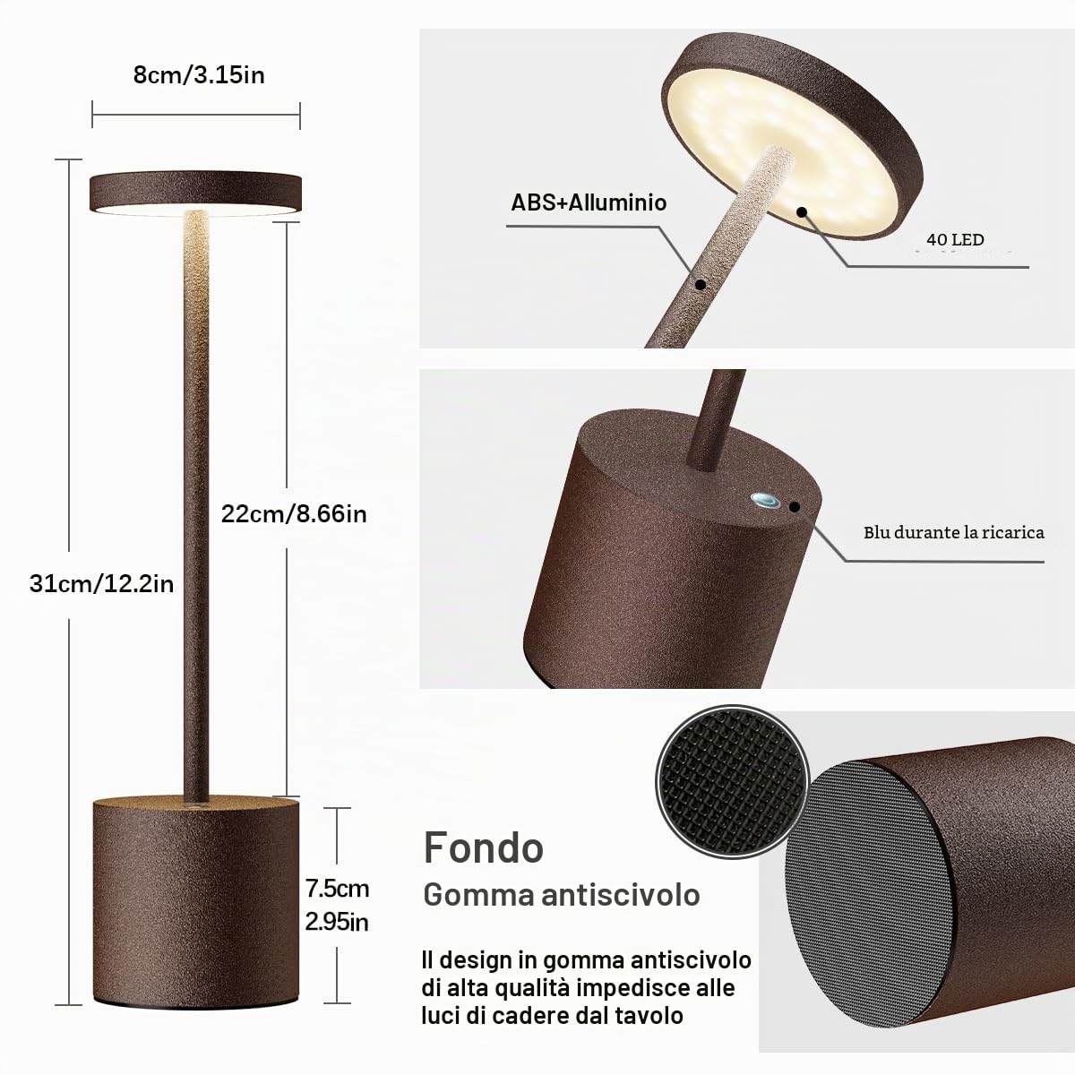 Lampada da Tavolo Senza Fili LED,2 Pezzi 5000mAh Ricaricabile USB,Comodino | Lampada a Batteria USB,Luce a Batteria Dimmerabile,3 Modalità di Colore,per Scrivania Esterno Tavola Ristorante(Ruggine)