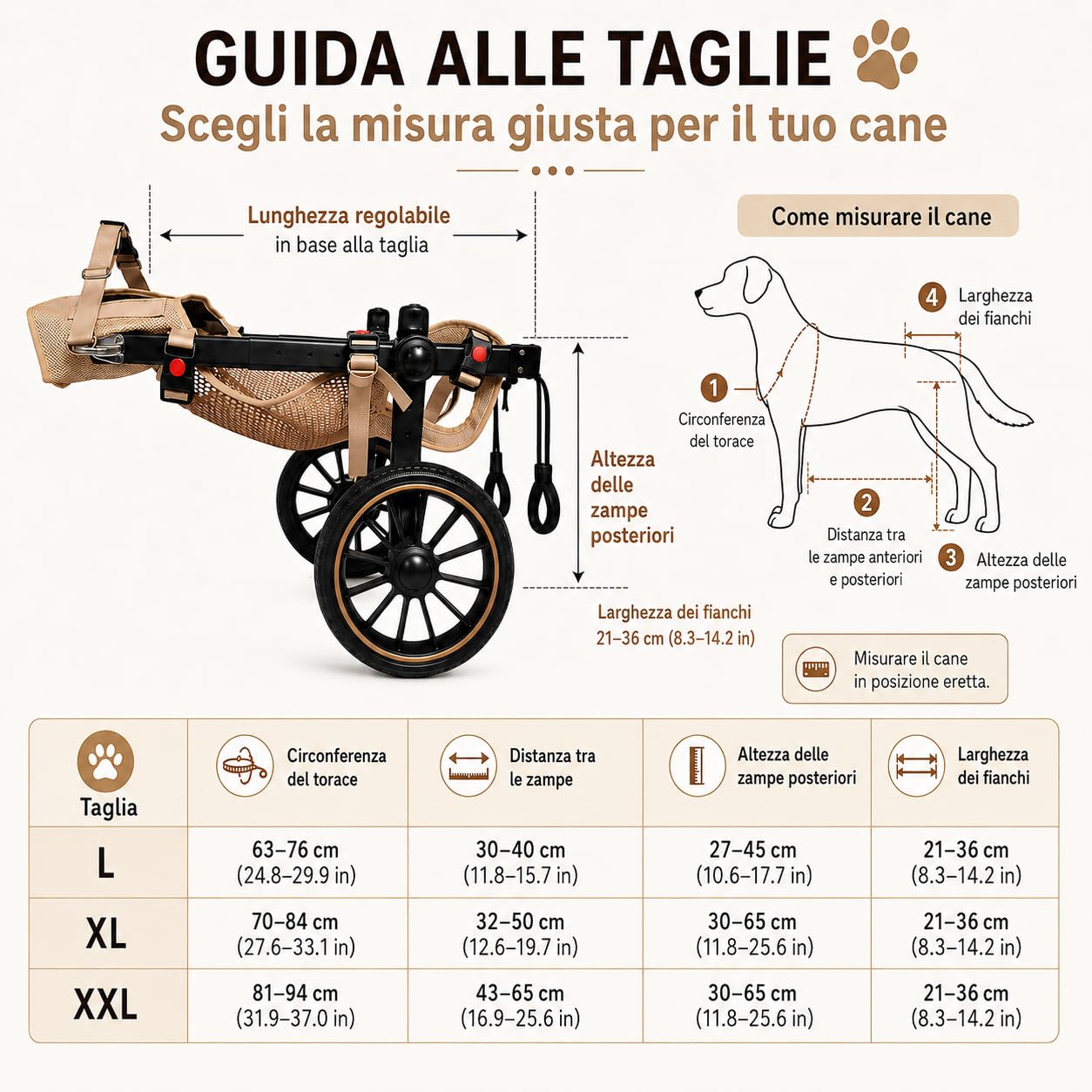 Carrellino per Cani Regolabile, Zampe Posteriori，XL | Telaio in alluminio, ruote ammortizzate, design igienico aperto e fibbia rapida. Allevia l'artrosi senza stress.
