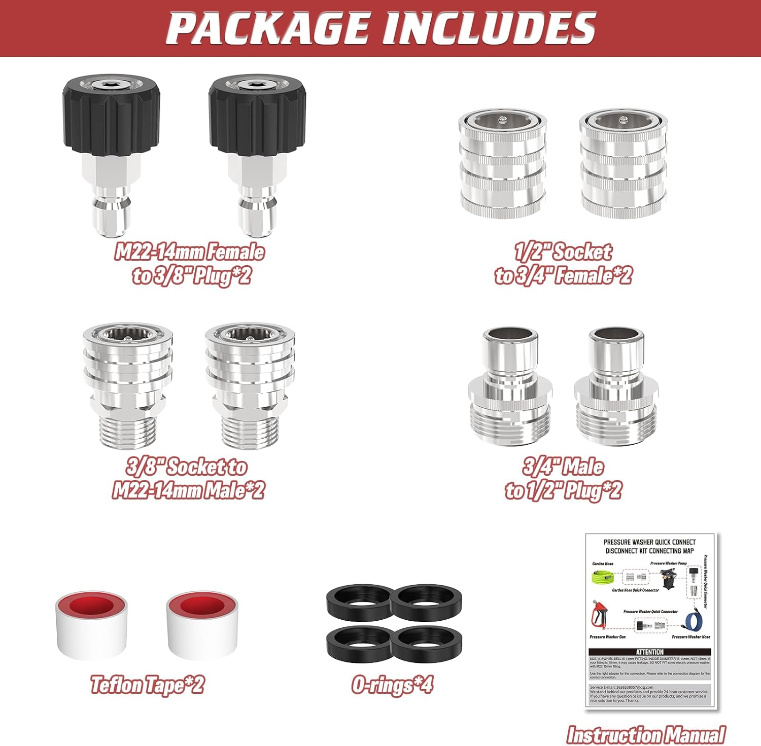 3/8" Pressure Washer Quick Connect Kit, M22-14mm Swivel Fitting, 3/8" Adapter Set, Stainless Steel M22 to 3/8" Quick Connect Pressure Washer Couplers (8 Pcs)