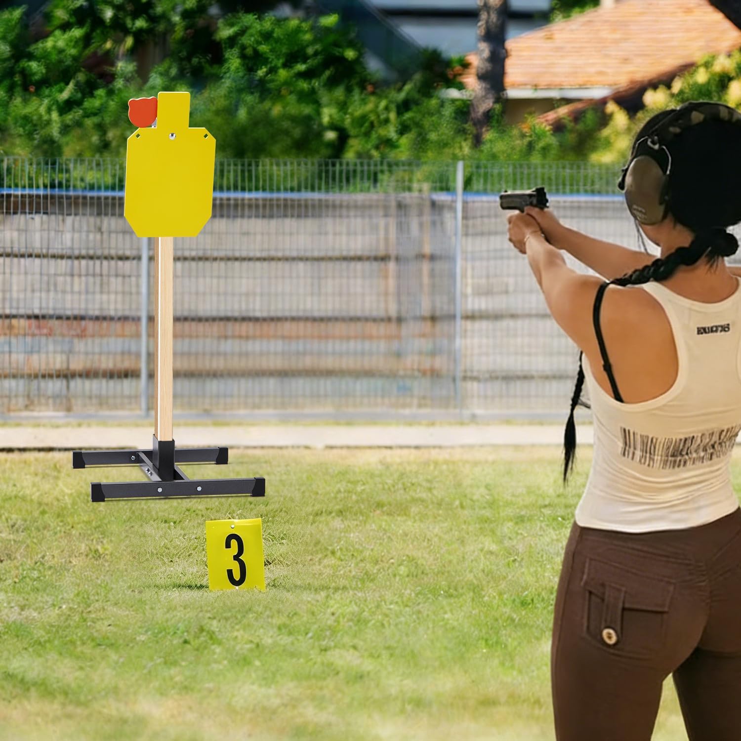 TEDEUM AR500 Steel Shooting Target System, 3/8" Thick Reactive Hostage Target with 12x20 Silhouette & 4" Round Plate, Heavy Duty Steel Target with Base (2x4 Wood Not Included) for Range Practice