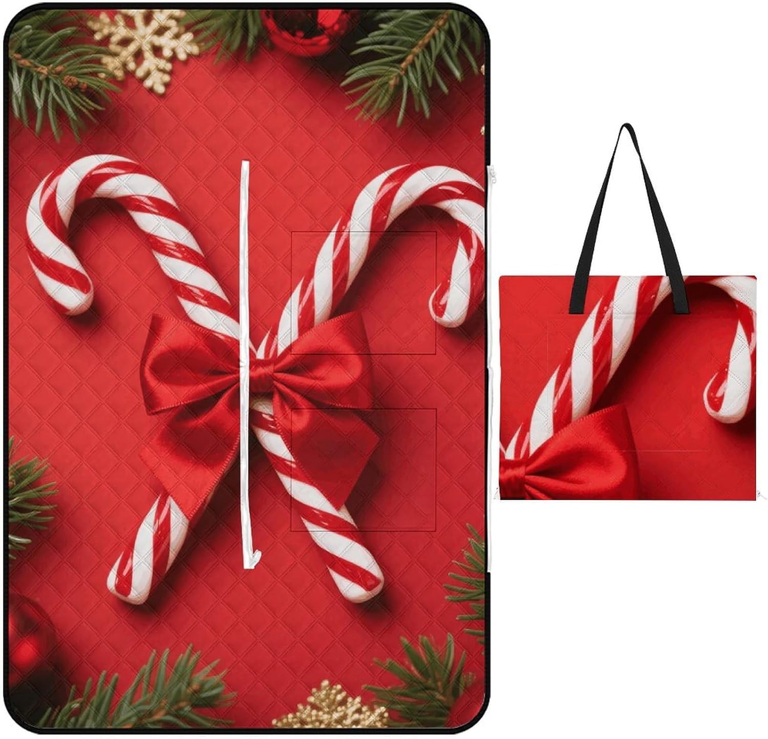 Red Christmas Candy Picnic Blanket 200x200cm, Foldable 2-in-1 Picnic Mat and Tote Bag Portable Waterproof Beach Mat Sandproof Outdoor Blanket for Park, Hiking, Beach, Camping, Travel