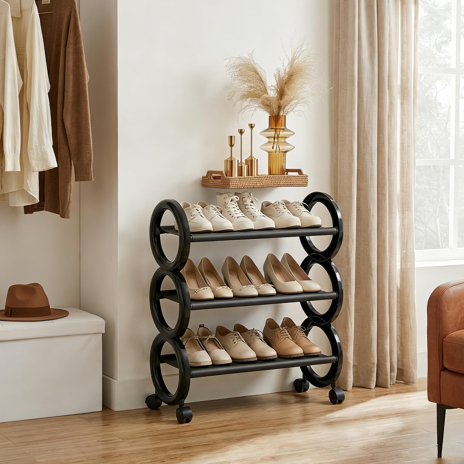 M.J COMFY-LIFE Shoe RacksοΌShoe Rack with Wheels, Sturdy Fabric Shelf ShoeοΌWide Shoe Rack StandοΌ for Hallways, Bedrooms, and Compact Areas (black, 3-tier)