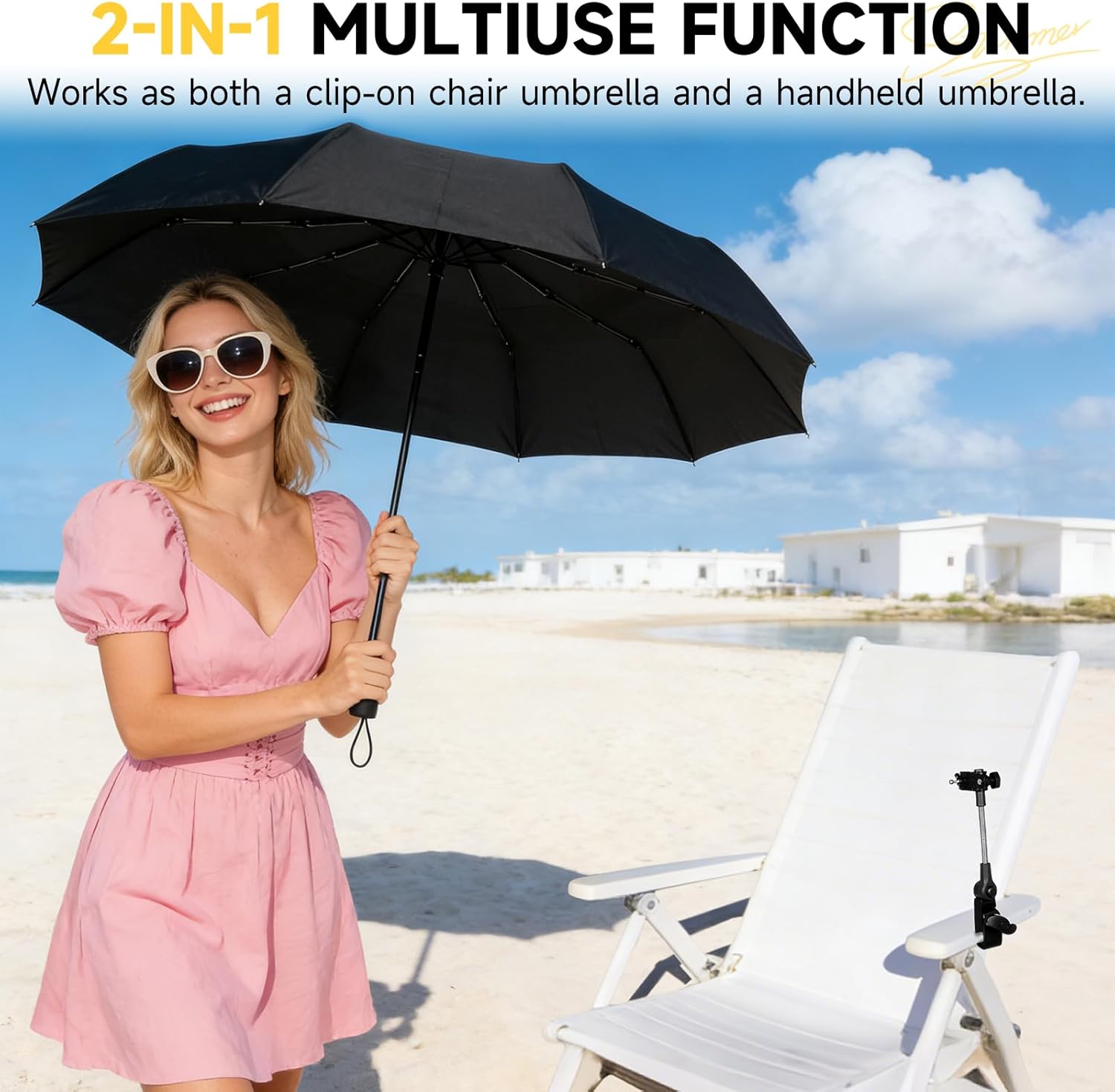 Chair Umbrella with Universal Clamp, Double Canopy Sunshade, Adjustable 360° Swivel, UPF 50+ UV Protection, Clip On Umbrella for Beach Chair, Camping Chair Patio, Stroller, Wheelchair Golf Cart 100cm/39.4in