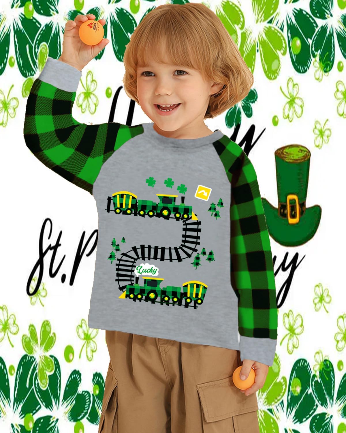 CM-Kid Toddler Boys Girls St Patricks Day Shirts Clover Dino Tractor Irish Green Plaid Sleeve Tshirt for Kids Tops 2-7 Years - Image 2