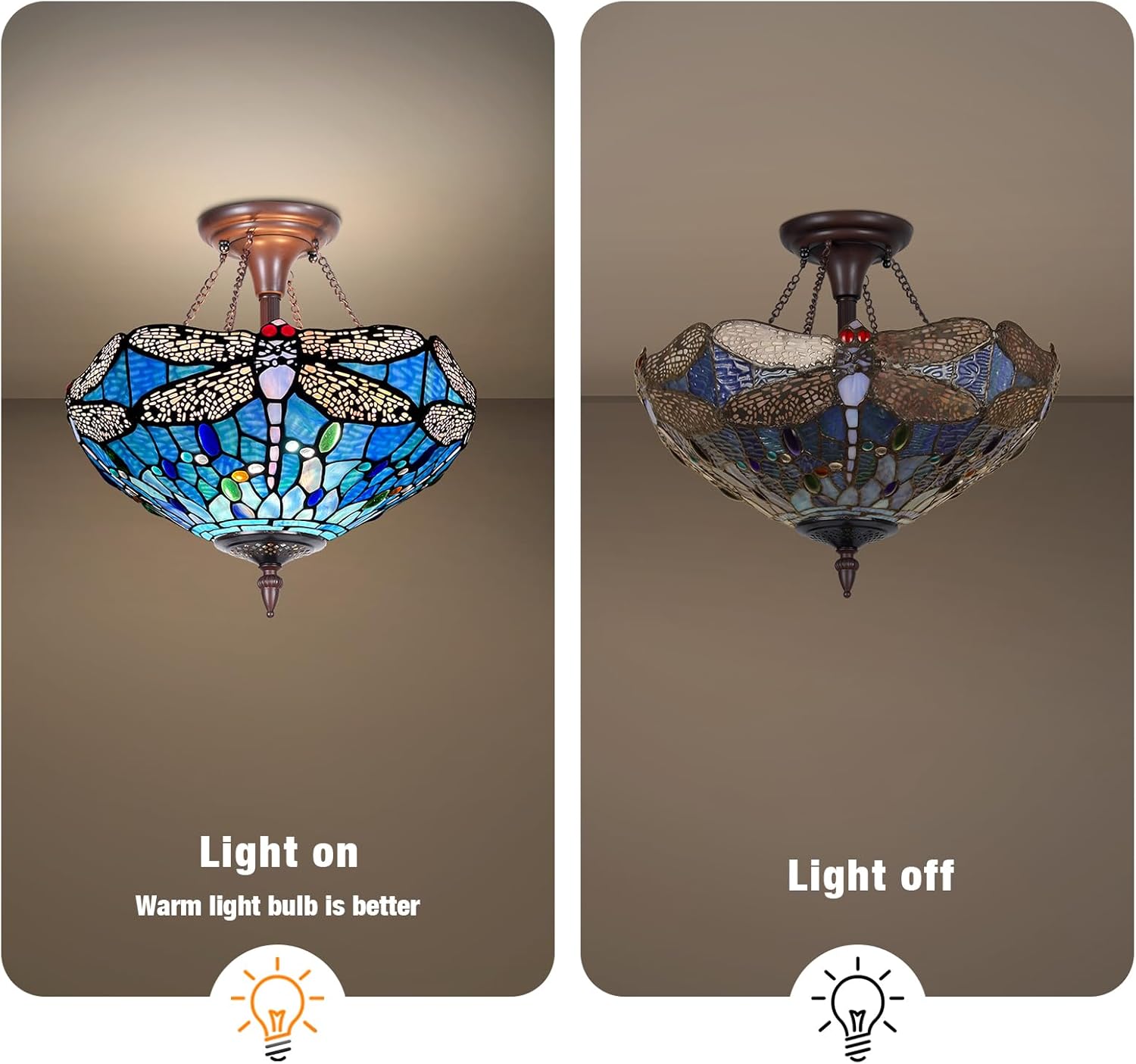 Capulina Tiffany Lamp Stained Glass Ceiling Light 2-Light 16 Inches Wide Blue Dragonfly Tiffany Style Semi Flush Mount Ceiling Lamp for Home Kitchen Porch Entryway Bathroom Hallway