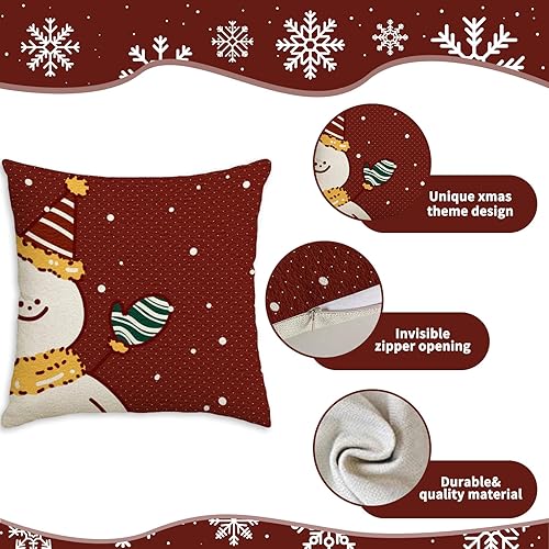 Miniatura 4 de Juego de 4 fundas de almohada de Navidad rojas de 18 x 18 pulgadas, fundas de almohada decorativas de muñeco de nieve, corona de árbol de Navidad,