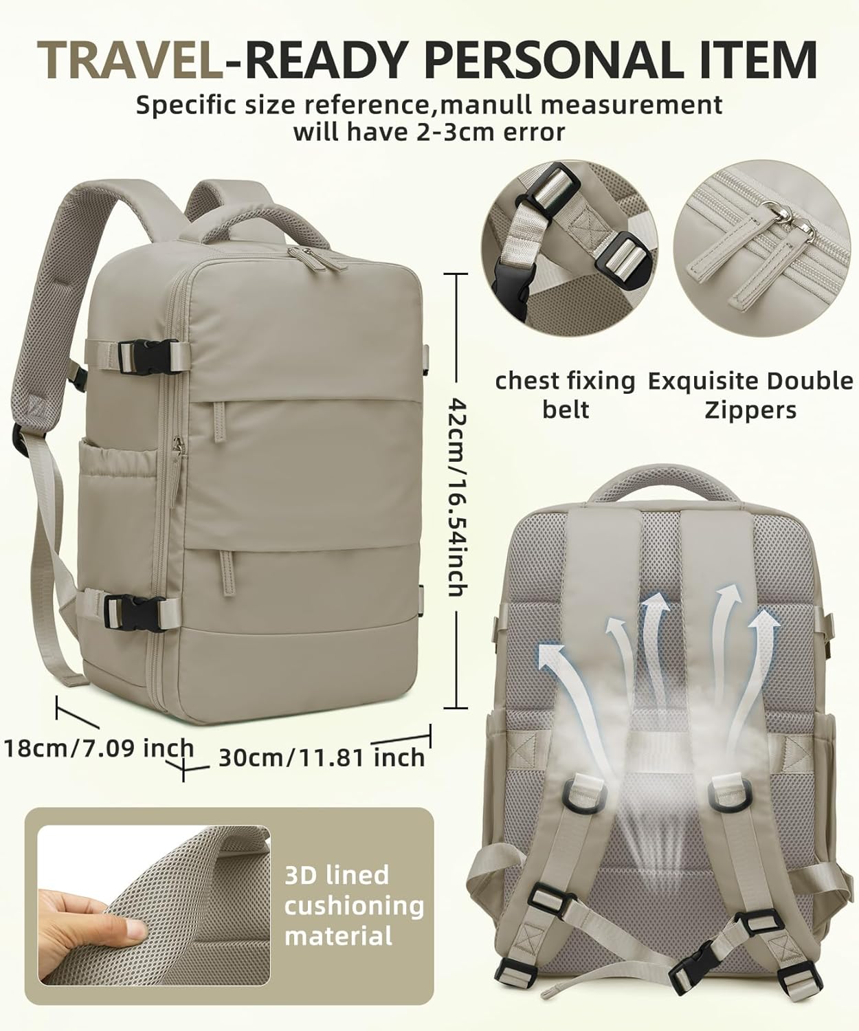 Travel Backpack w/Vacuum Compression (w/Pump) - Carry-On, 18x14x8 In, Multi-Comp Laptop Bag (灰棕色)