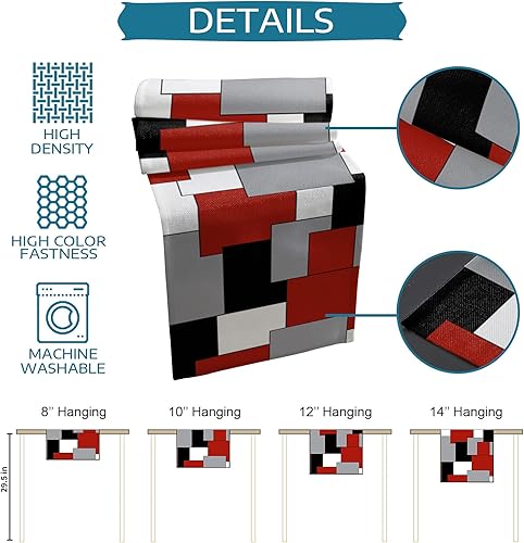Miniatura 7 de Camino de mesa de lino de arpillera de 108 pulgadas de largo, arte abstracto moderno, bloque de color, gris, negro y rojo, camino de mesa para