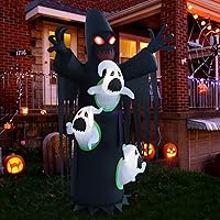 Vista 2 de Inflable de cosechador con fantasma fugitivo en el pecho con luces LED para Halloween, decoración de patio o exteriores, jardín, fiesta, hogar