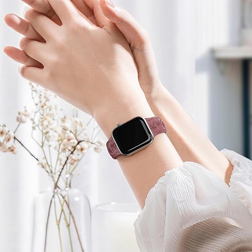 Miniatura 5 de 3 Packs Floral Engraved Bands Compatible with Apple Watch Band 40mm 41mm 38mm 42mm 44mm 45mm 49mm for Women, Silicone Cute Embossed Rose Apple Watch