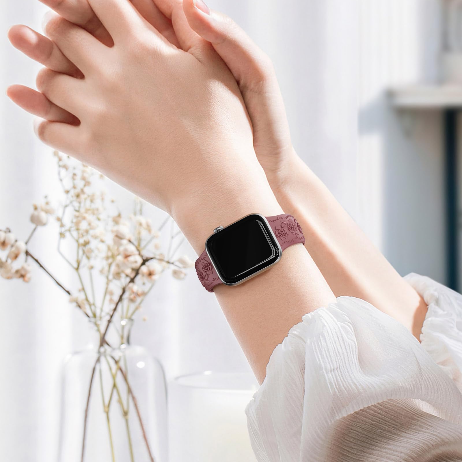 3 Stück Floral Gravierte Armband Kompatibel mit Apple Watch Band 40mm 41mm 38mm 42mm 44mm 45mm 49mm, Silikon Rose Ersatzarmband Kompatibel mit iWatch Armband Se Ultra 9 8 7 6 5 4 3 2 1
