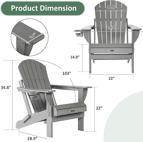 Miniatura 3 de Juego de 2 sillas Adirondack plegables de plástico texturizado de madera HDPE, sillas Adirondack resistentes a la intemperie exteriores con soporte