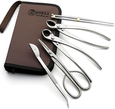 Bonsai Tools 5-Piece Alloy Steel Bonsai tool Kit In Cluding 210mm Long Handle Scissors / 205mm Branch Cutter / 205mm Knob Cutter / 200mm Straight Root Hook/Tweezers NBK5-01