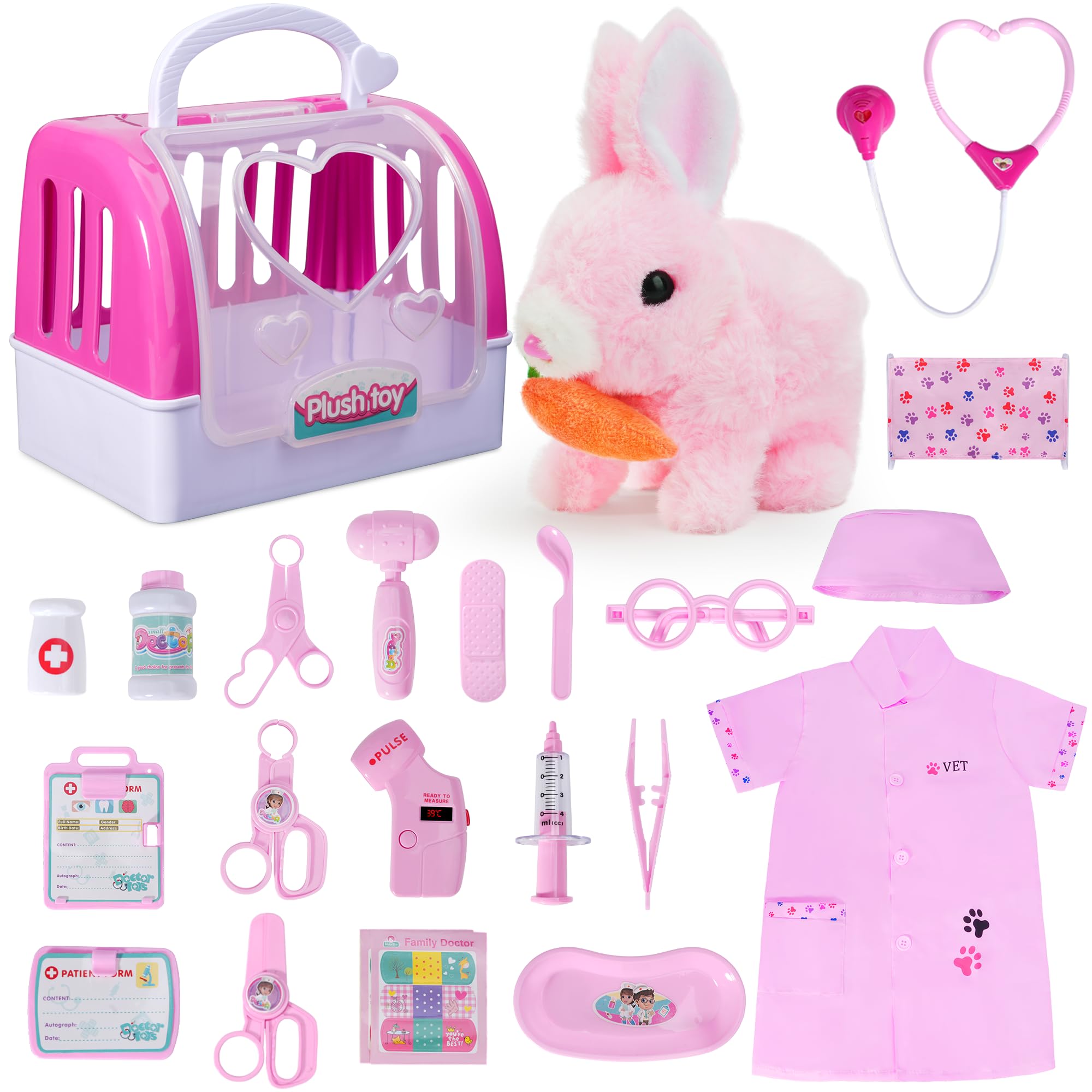 Doctor Kit for Girls -Vet Play Sets for Kids, Pretend Play Doctor Set with Pet Cage and Bunny Toy, Doctor Play Gift for Kids Toddlers Ages 3 4 5 6 Year Old for Role Play (Pink Bunny)