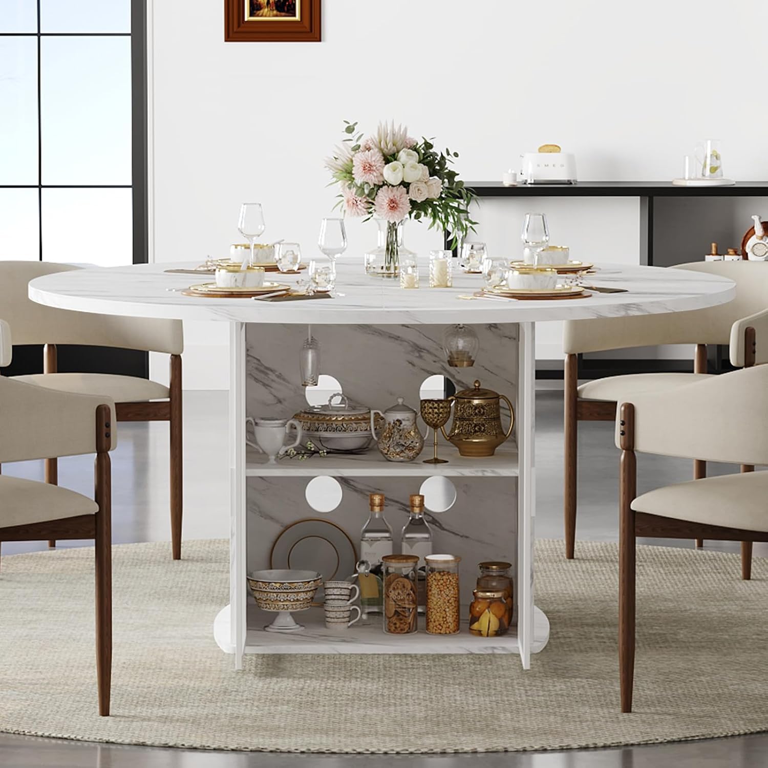 IBF 47" Round Dining Table with Storage, White Faux Marble Kitchen Tables for 4-6 People, Modern Dining Room Table with Fridge Space, Wood Circle Dinner Tables for Home, White Marble, Only Table