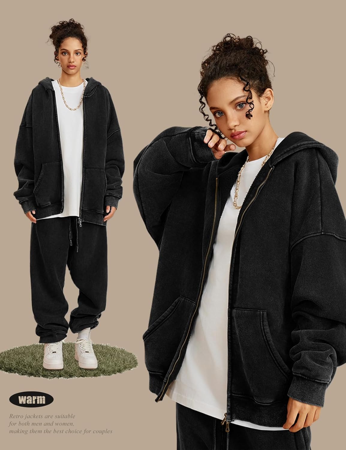 Wyeysyt Women Zip Up Hoodie Oversized Acid Wash Vintage Fleece Sweatshirt Heavyweight Cotton Casual Jackets(Black-L) - Image 6