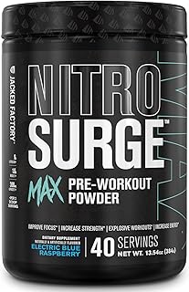Jacked Factory Nitrosurge Max Nootropic Pre Workout Powder - Premium Pre Workout w/Nootropic Ingredients for Intense Focus, Pumps, Smooth Energy, Endurance - 40 Servings, Electric Blue Raspberry